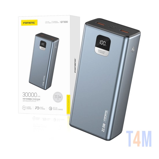 Power Bank Foneng GT300 com 3 Outputs 30000mAh 22.5W Cinza Metálica